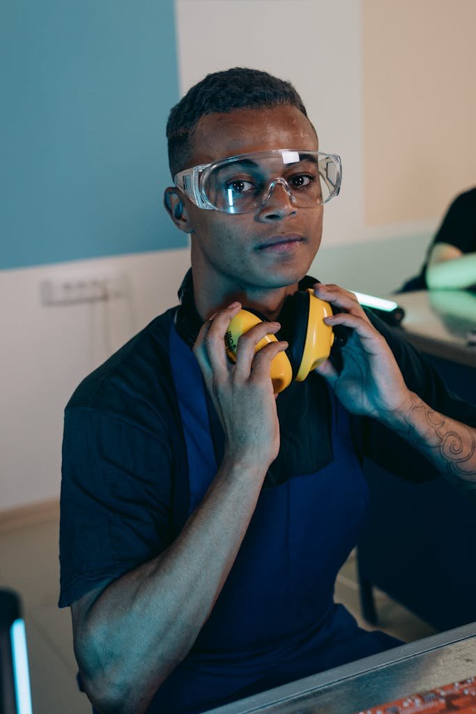Portrait of a young engineer wearing safety glasses and headphones in a workspace.